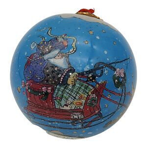 Pier 1 Li Bien Inside Painted Santa Sleigh & Reindeer Glass Ornament VTG w/ Box
